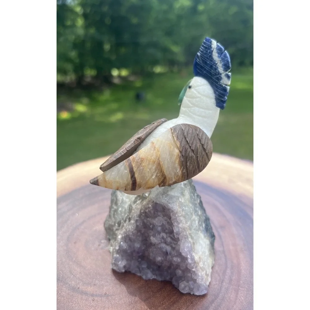 Hand Carved Gemstone Cockatoo Bird Figurine on Amethyst Geode Base 6
